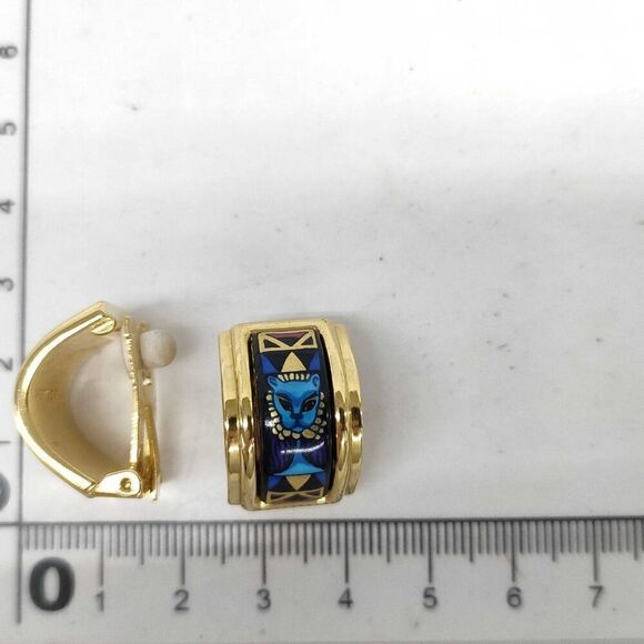 Herms Blue  Sphinx Enamel and Gold-Tone Clip-On Earrings with Box - Picture 5 of 7